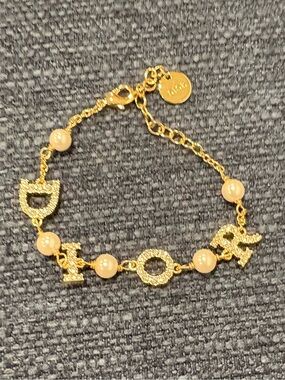 Dior Gold Tone Crystal Logo Pearl Bracelet Adjustable Designer Beauty Gift